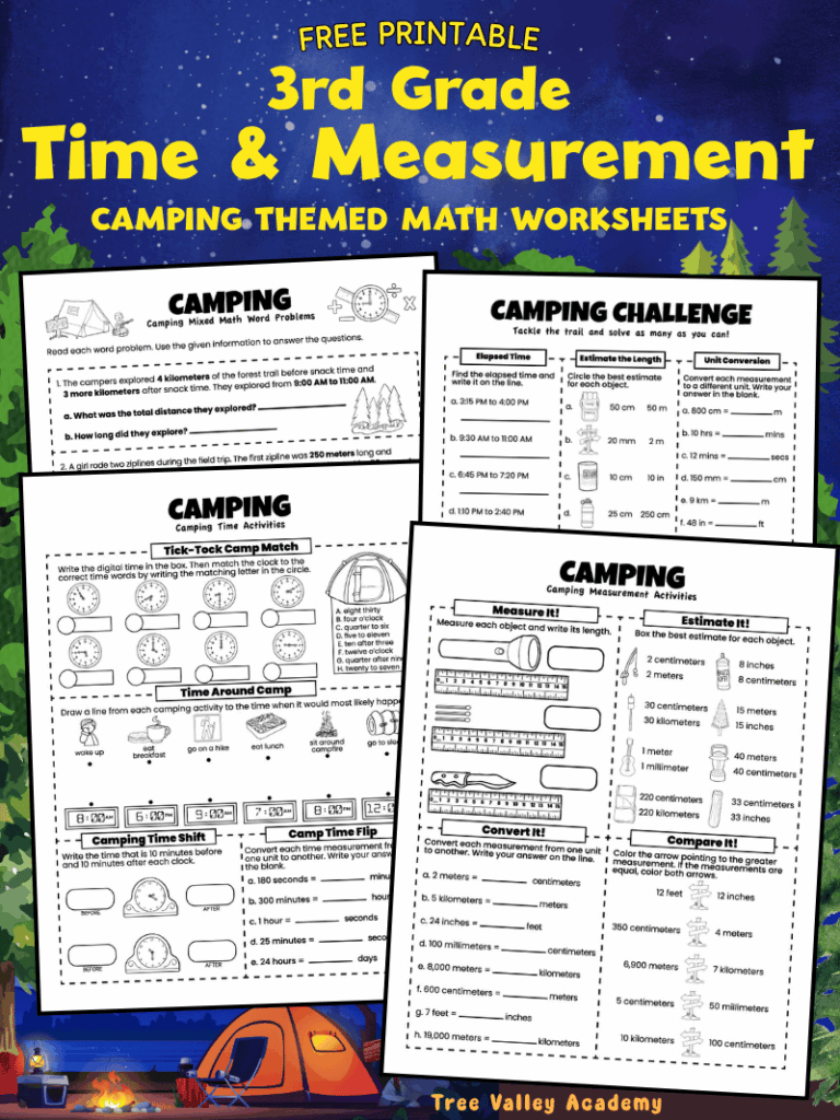 Free printable 3rd grade camping time and measurement worksheets with telling time, elapsed time, measurement, unit conversions, and mixed word problems.