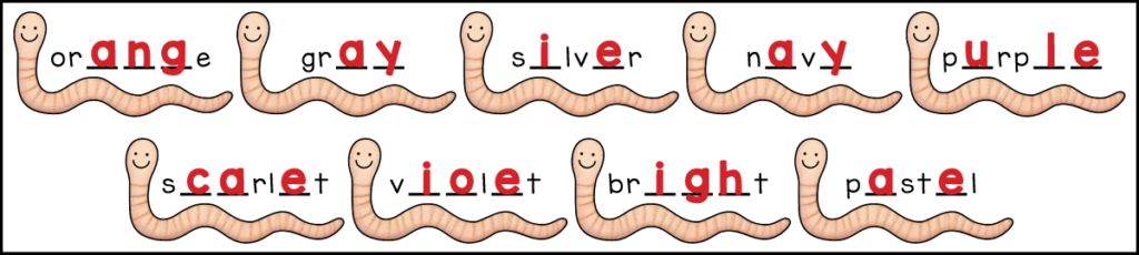 Answer key for the free printable 3rd grade color spelling worksheet showing the completed missing letters for orange, gray, silver, navy, purple, scarlet, violet, bright, and pastel.