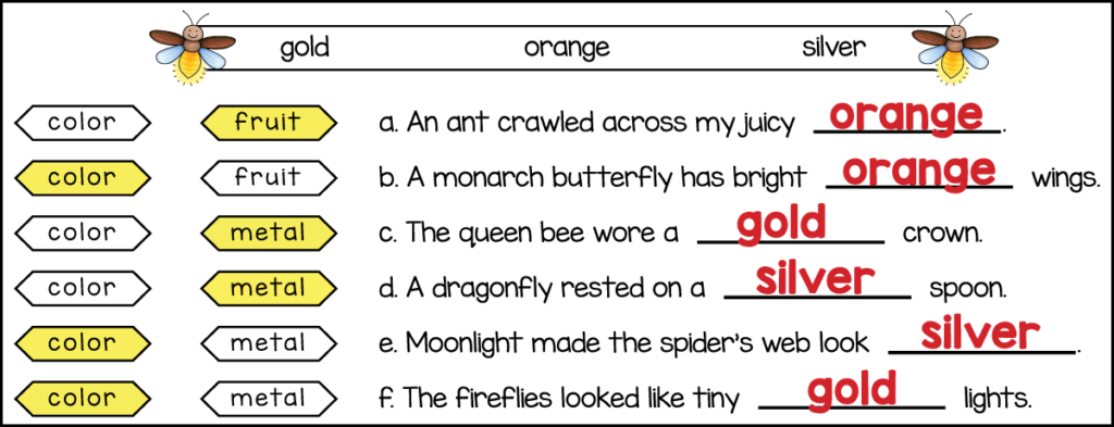 Answer key for the free printable 3rd grade color spelling worksheet showing the correct multiple-meaning word answers for orange, gold, and silver.