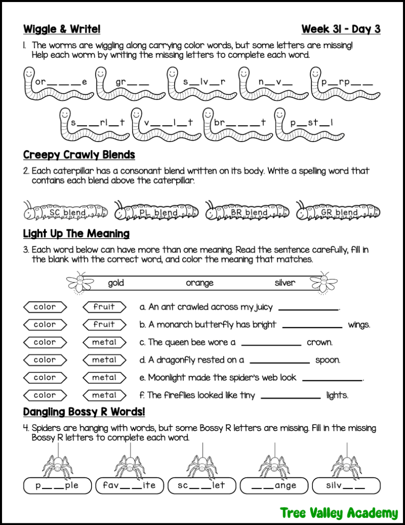 Free printable 3rd grade spelling worksheet with missing letters, consonant blends, multiple meaning words, and Bossy R practice using color spelling words.