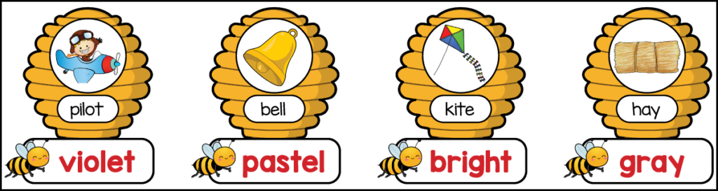 Answer key for the free printable 3rd grade color spelling worksheet showing the correct rhyming words for violet, pastel, bright, and gray.