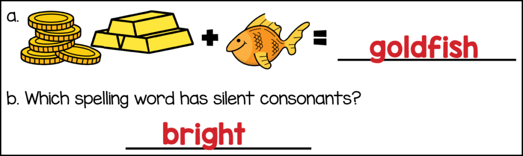 Answer key for the free printable 3rd grade color spelling worksheet showing the compound word goldfish and the spelling word bright with silent letters.