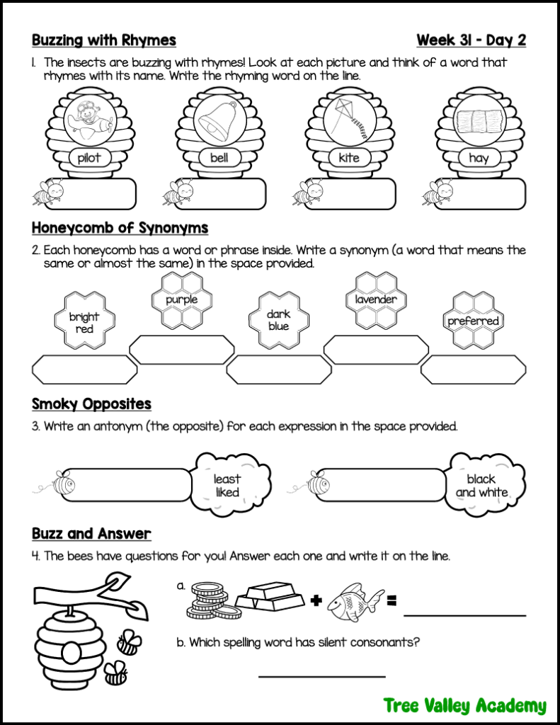 Free printable 3rd grade spelling worksheet with insect-themed rhyming words, synonyms, antonyms, and compound word activities using color spelling words.