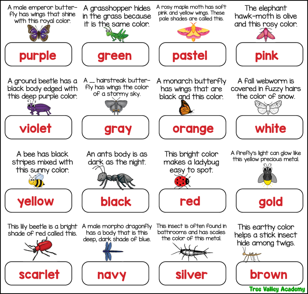 Answer key for the free printable 3rd grade color spelling riddles worksheet showing the correct color words matched to 16 insect-themed clues.