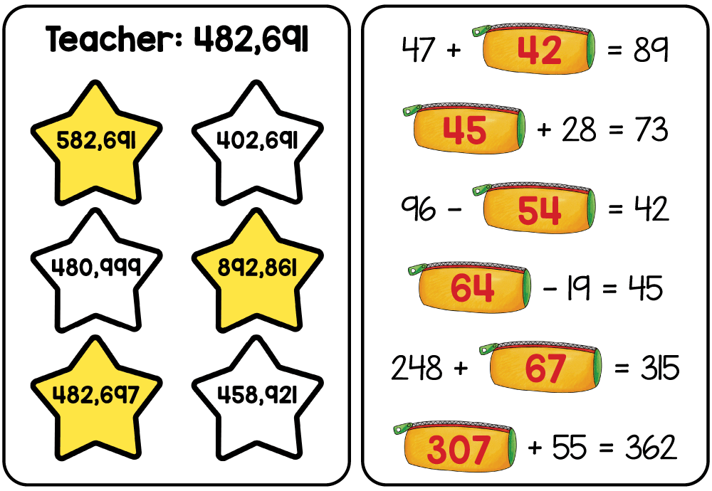 Answer key for 3rd grade comparing large numbers and finding missing numbers in addition and subtraction equations