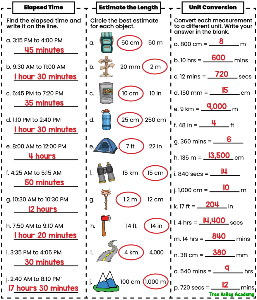 Answer key for elapsed time, estimating measurements, and unit conversions on a 3rd grade camping math worksheet.