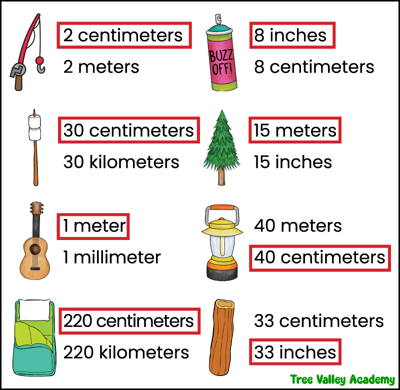 Answer key showing the correct estimated lengths for camping objects using metric and customary measurement units.