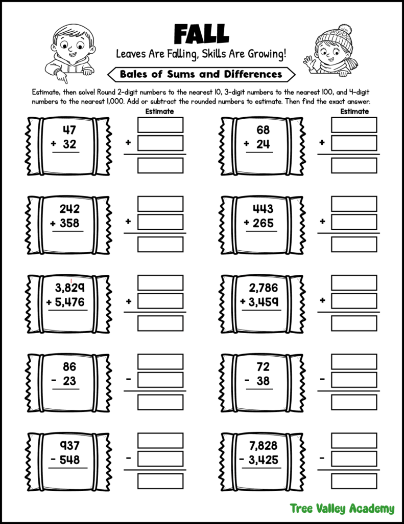3rd grade fall math worksheet for estimating sums and differences by rounding numbers before adding and subtracting