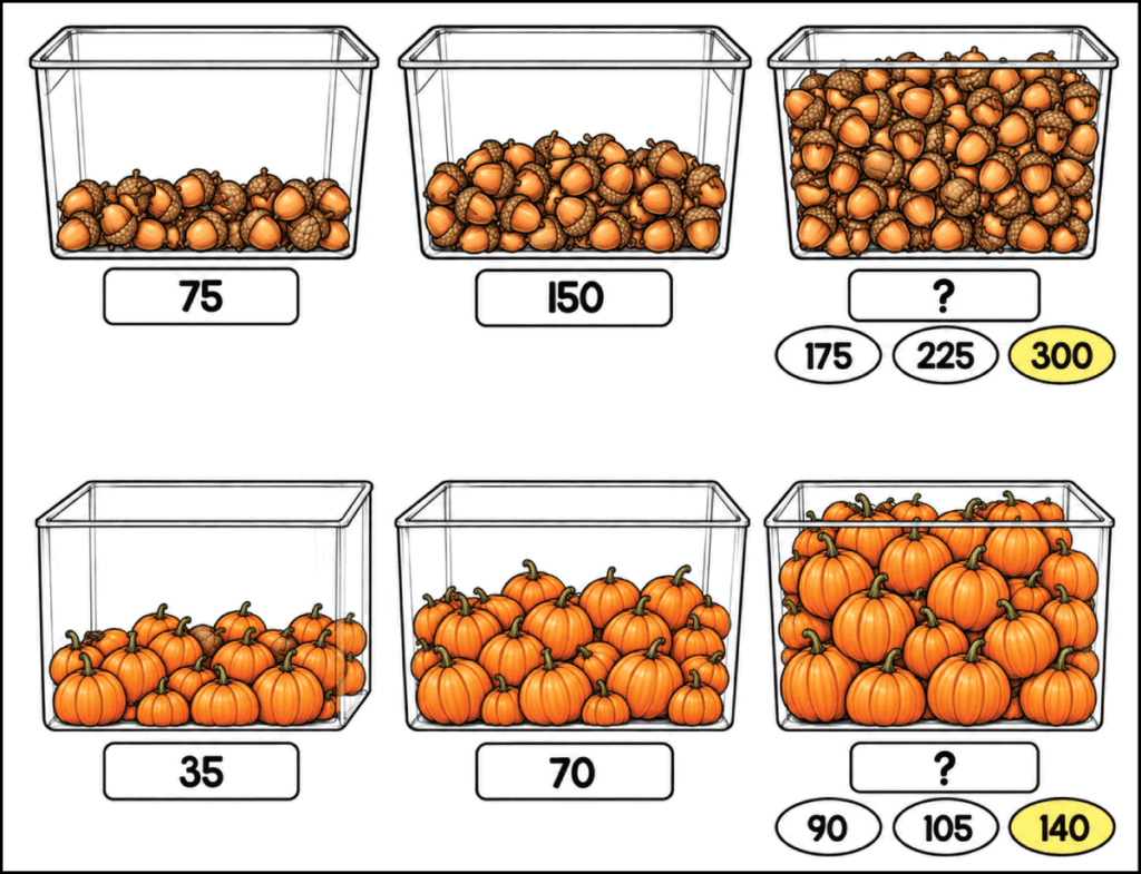 Answer key for estimating quantities of acorns and pumpkins using visual benchmarks