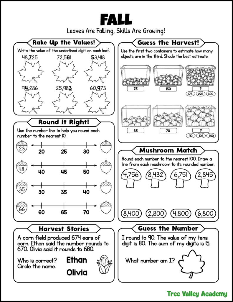 3rd grade fall math worksheet with place value, rounding, estimation, number lines, and a fall number riddle