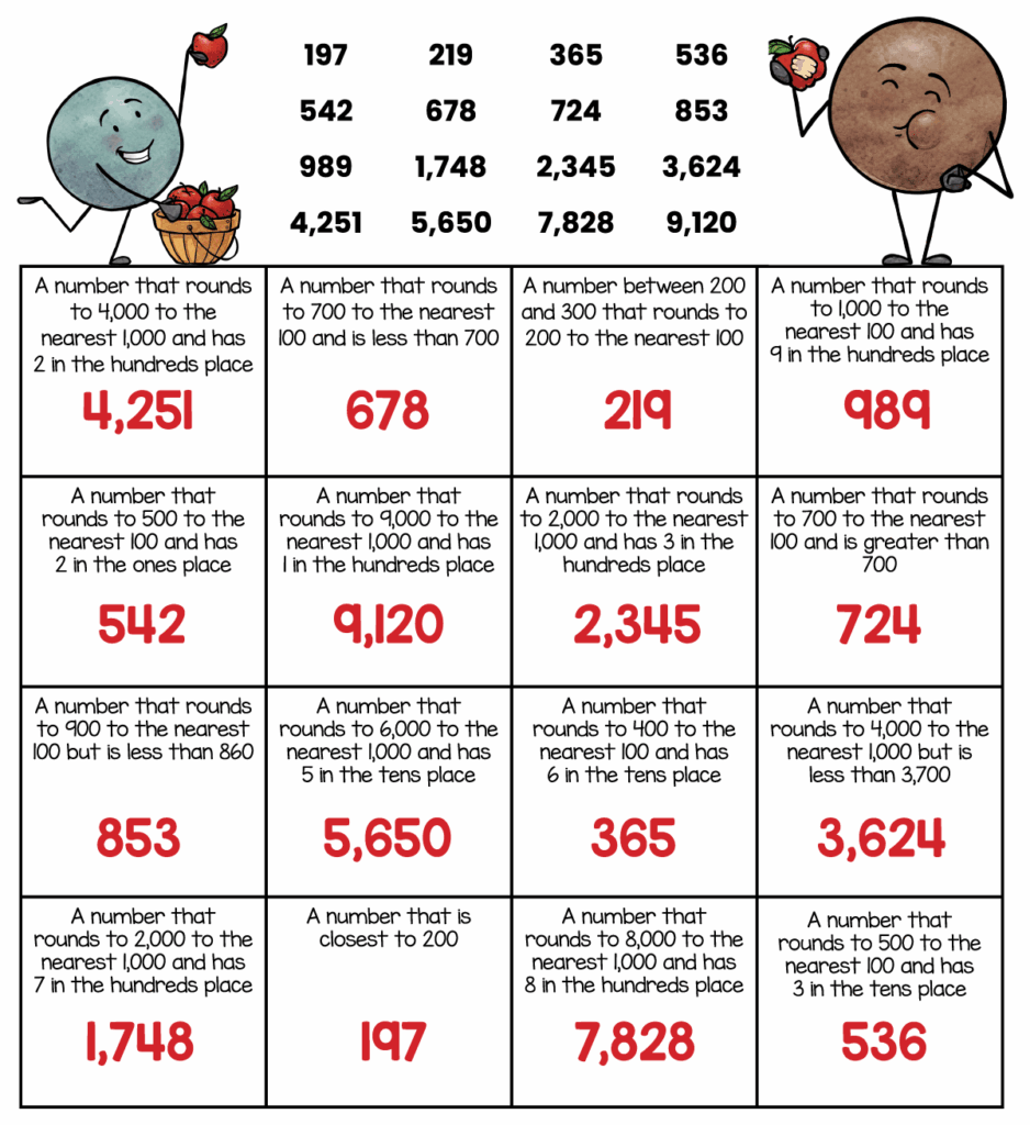 Answer key for 3rd grade Fall Number Hunt with rounding and place value clues