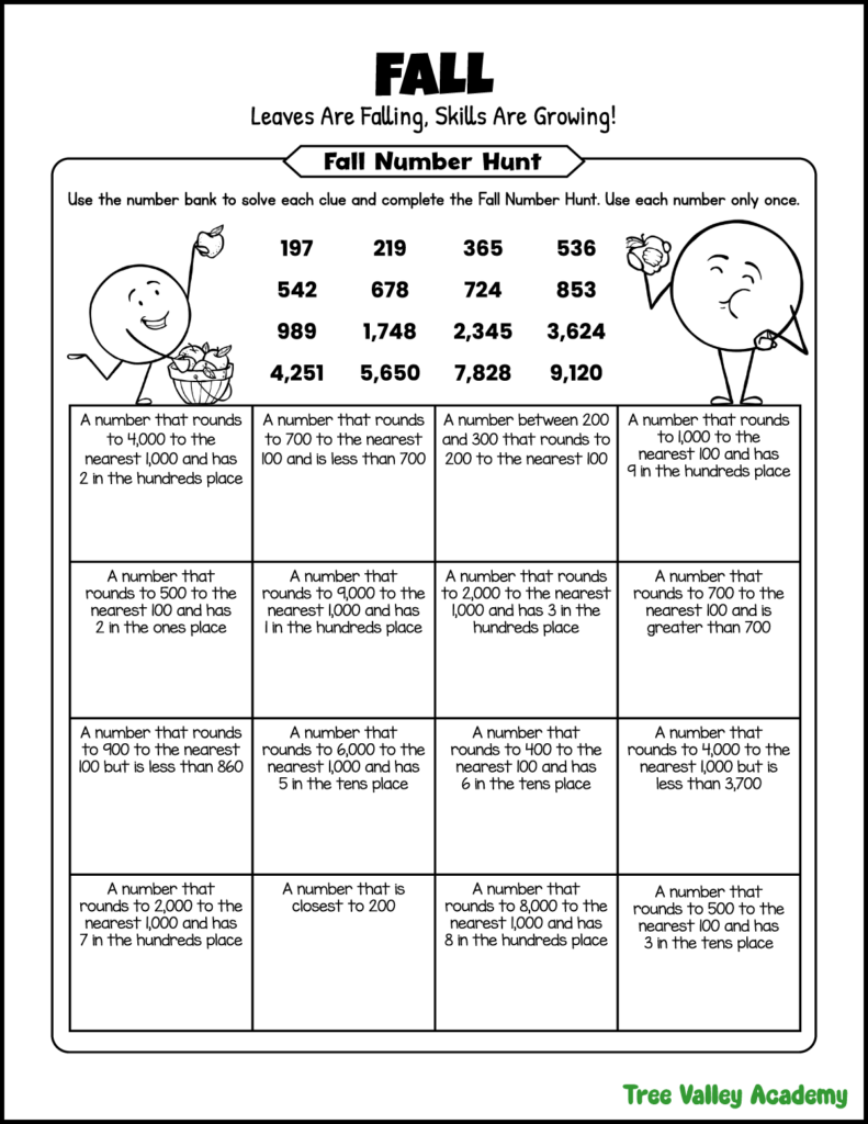 3rd grade fall number hunt worksheet with rounding and place value clues using numbers up to the thousands