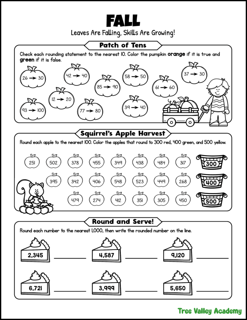 3rd grade fall rounding worksheet with pumpkins, apples, and numbers rounded to the nearest 10, 100, and 1,000