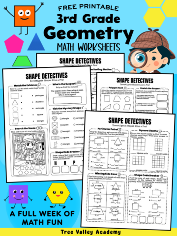 Free printable 3rd grade geometry worksheets with shape detective themed math activities including polygons, perimeter, area, and shape identification.