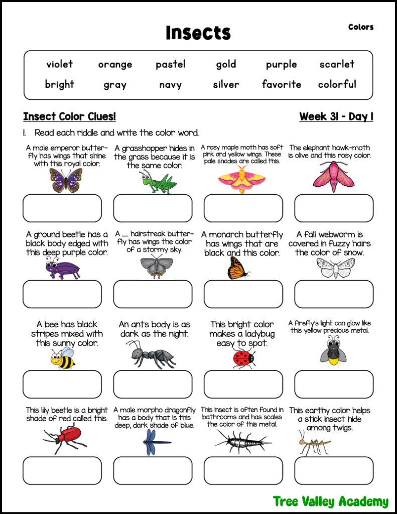 Free printable 3rd grade color spelling worksheet with insect-themed color riddles using words like purple, orange, scarlet, navy, silver, and violet.