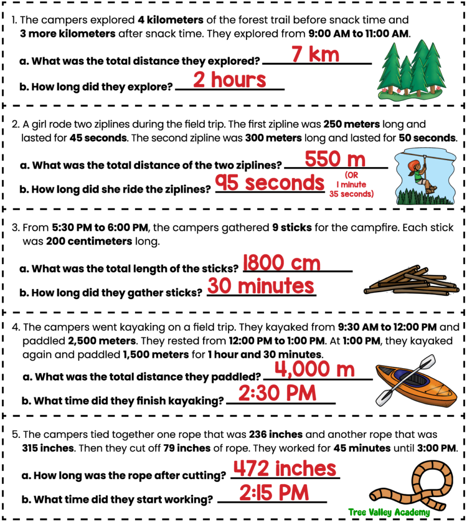 Answer key for 3rd grade camping math word problems involving elapsed time, measurement, distance, and unit conversions.