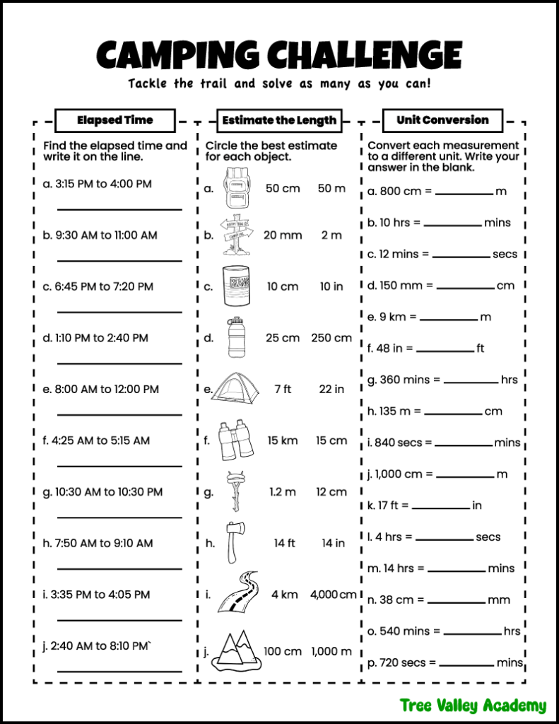 Free printable 3rd grade camping math challenge worksheet with elapsed time, estimating measurements, and unit conversion practice.