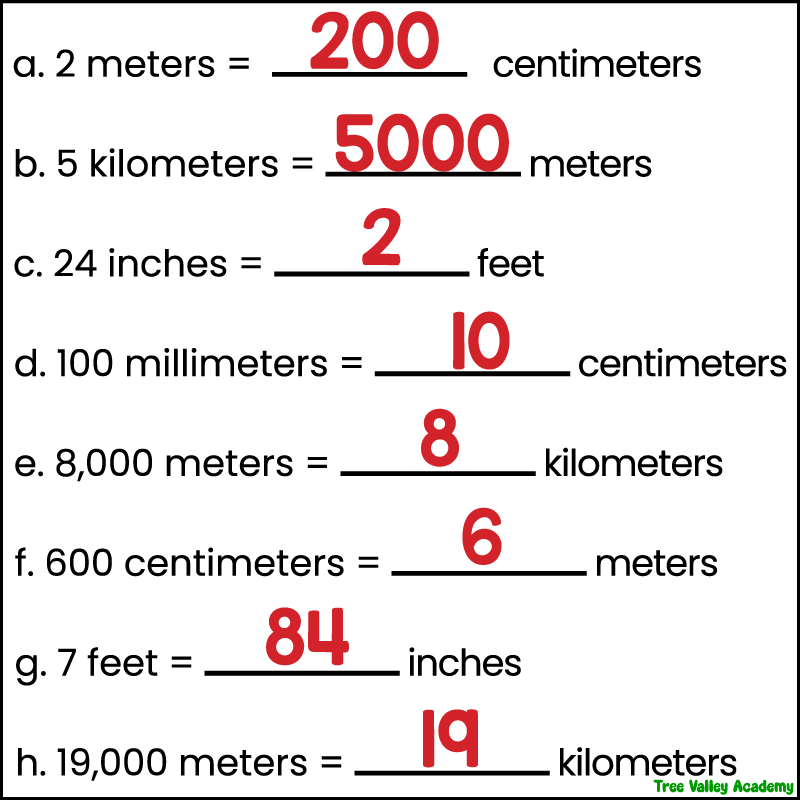 Answer key for converting metric and customary measurement units including meters, centimeters, kilometers, feet, inches, and millimeters.
