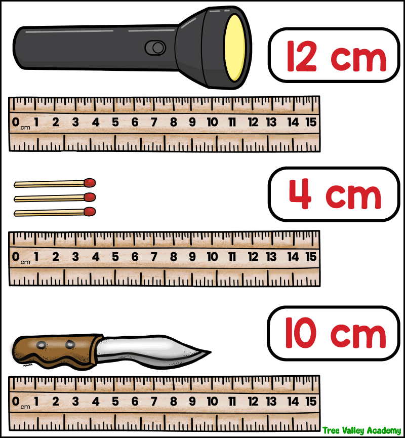Answer key measuring camping objects with a ruler in centimeters on a 3rd grade math worksheet.