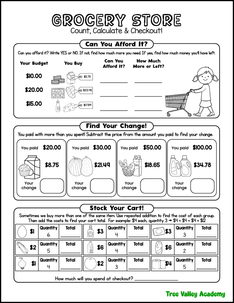 3rd grade money math worksheet with shopping budgets, making change, and repeated addition
