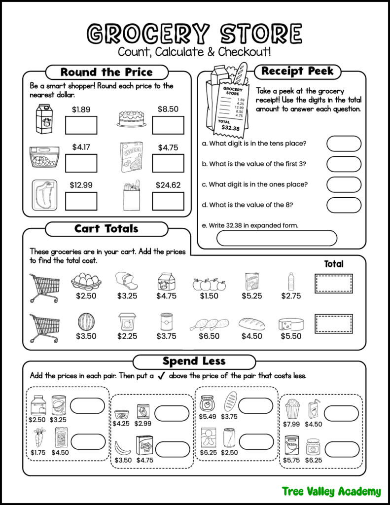 3rd grade money math worksheet with grocery prices, rounding, place value, and addition