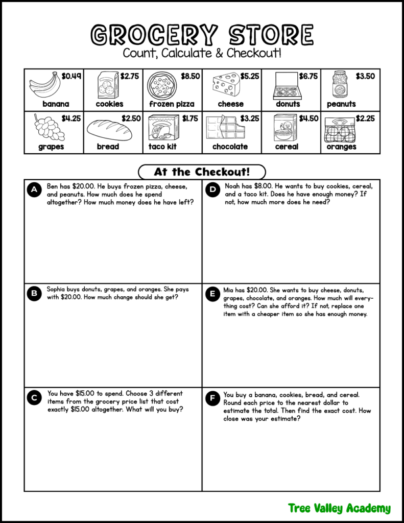 3rd grade money word problems with grocery prices, budgets, change, and estimation