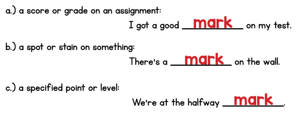 Answer key for 3rd grade multiple meaning word activity using the word mark