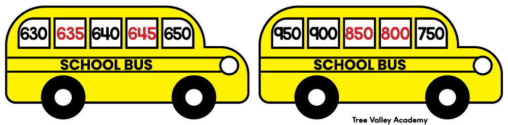 Answer key for a 3rd grade number patterns worksheet with missing numbers on school buses