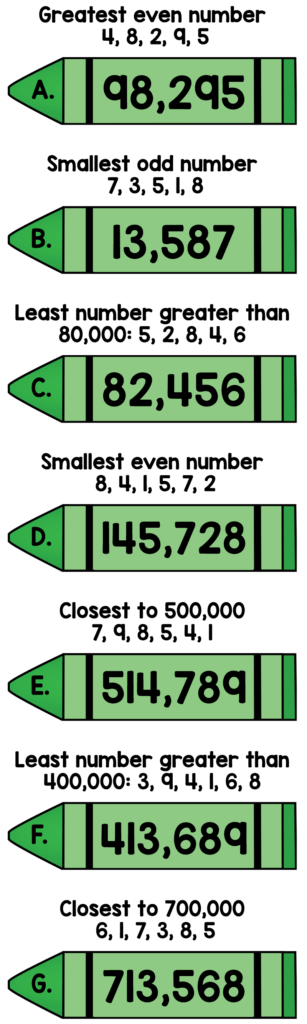 Answer key for 3rd grade number sense problems using digits to make greatest, smallest, and closest numbers