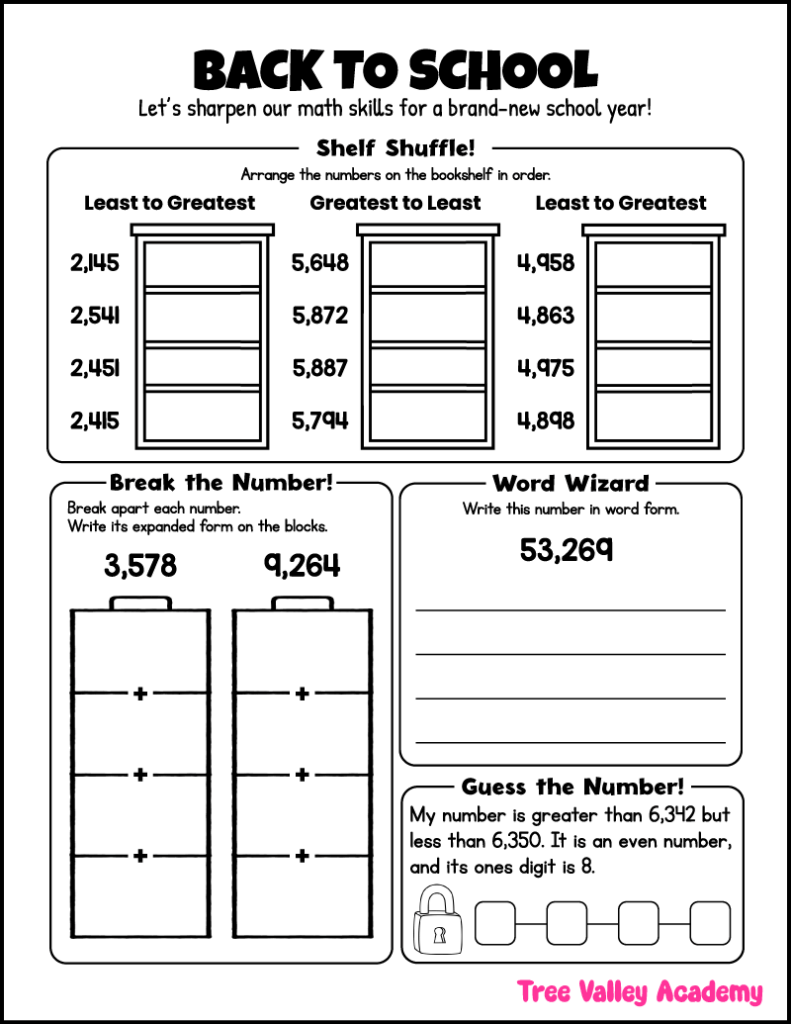 3rd grade number sense worksheet for ordering numbers, expanded form, word form, and solving a number riddle