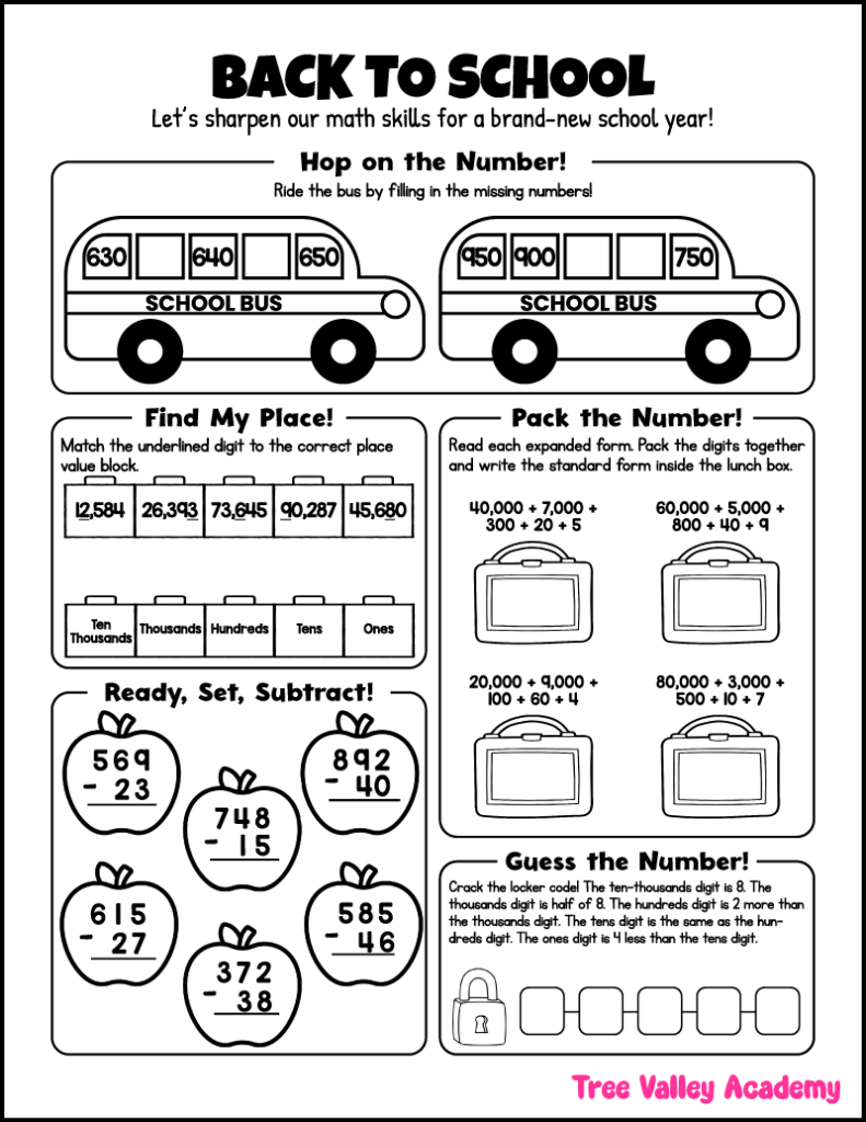 3rd grade back to school math worksheet with place value, expanded form, number patterns, subtraction, and a number riddle