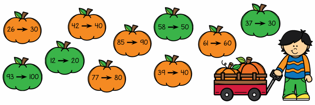 Answer key for true and false rounding statements to the nearest 10 with pumpkins colored orange and green