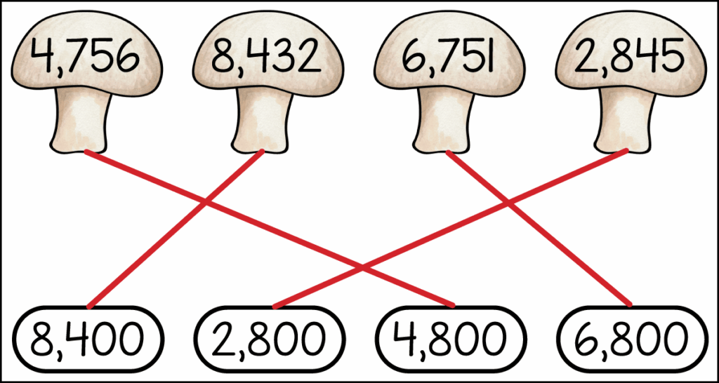 Answer key matching 4-digit numbers to their rounded values to the nearest 100