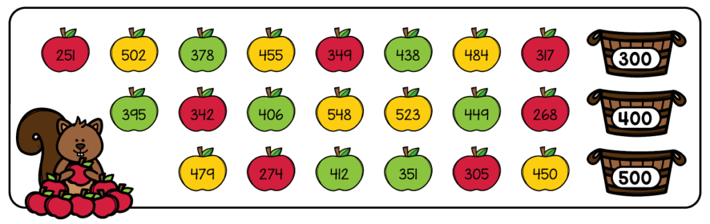 Answer key for rounding apples to the nearest 100 and coloring them red, green, or yellow