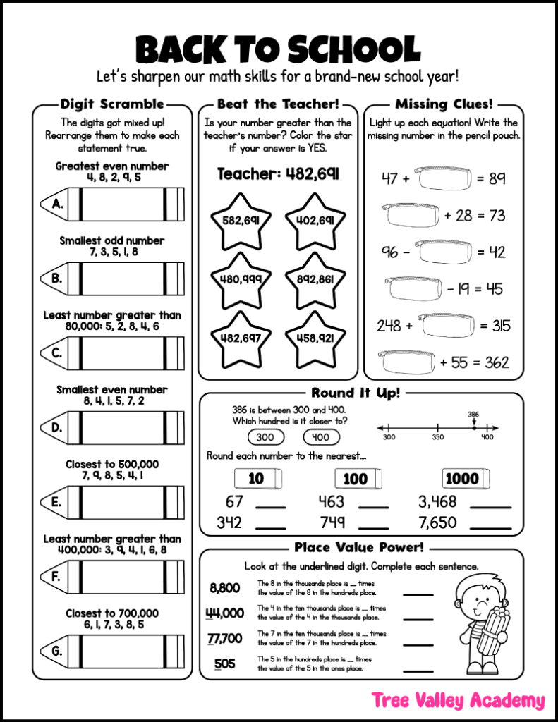 3rd grade math worksheet with rounding to the nearest 10, 100, and 1,000, place value relationships, comparing numbers, and missing numbers