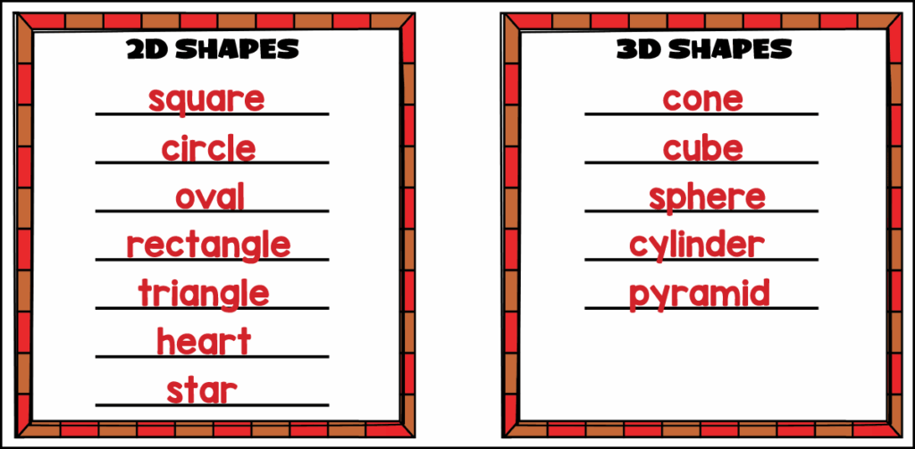 Answer key sorting shape words into 2D and 3D shapes including square, circle, oval, rectangle, triangle, heart, star, cone, cube, sphere, cylinder, and pyramid.