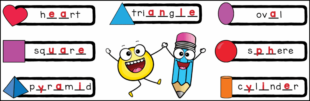 Answer key for a missing letters spelling worksheet showing completed shape words including heart, triangle, oval, square, sphere, pyramid, and cylinder.