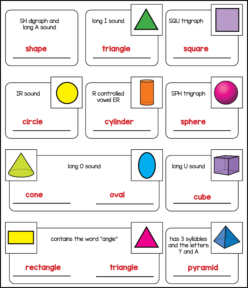 Answer key for a 3rd grade shape phonics worksheet showing shape spelling words matched to phonics patterns including shape, triangle, square, circle, cylinder, sphere, cone, oval, cube, rectangle, and pyramid.