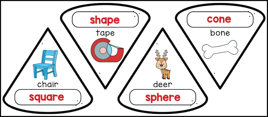 Answer key for the shape rhyming worksheet showing the words shape, cone, square, and sphere matched to rhyming picture clues.