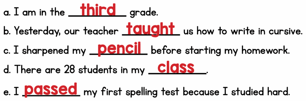 Answer key for 3rd grade spelling fill in the blanks sentences