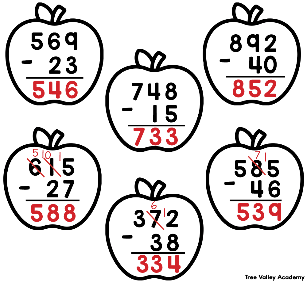 Answer key for 3rd grade subtraction problems with and without regrouping