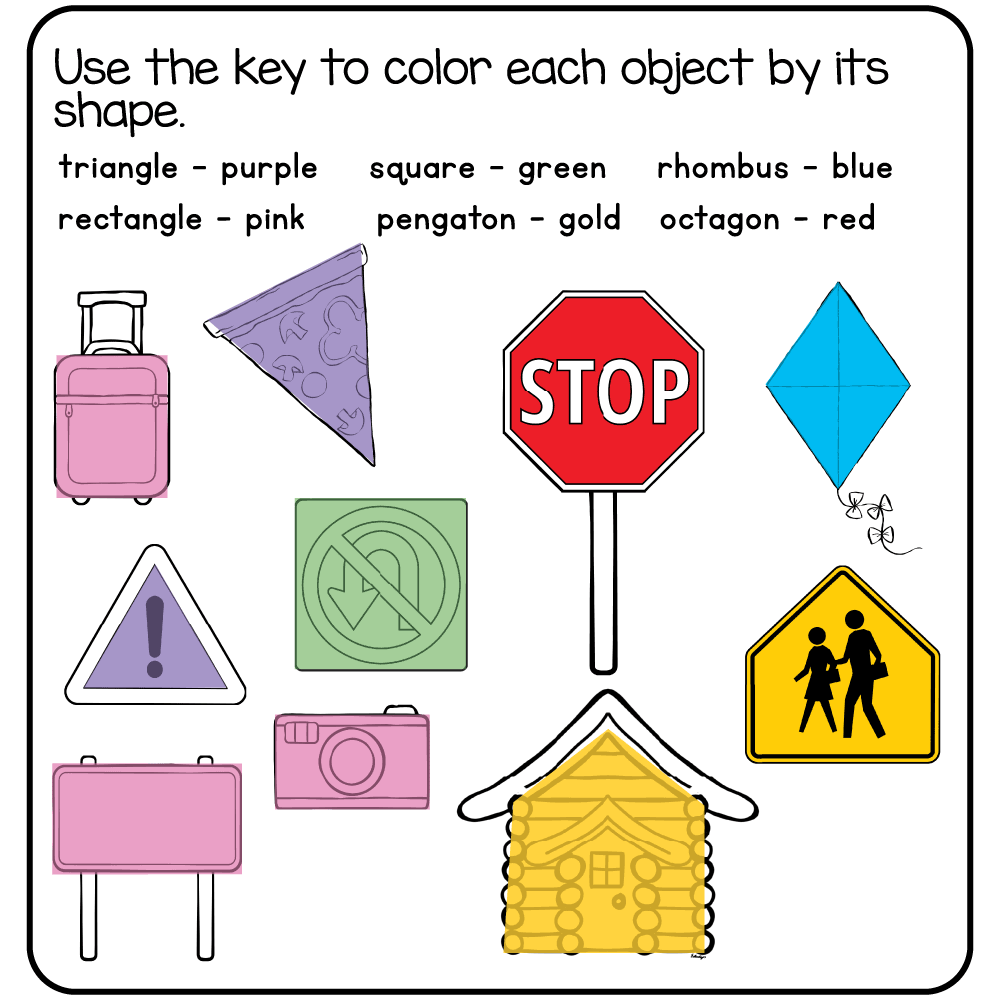 Answer key for the free printable 3rd grade summer math worksheet identifying and coloring 2D shapes.