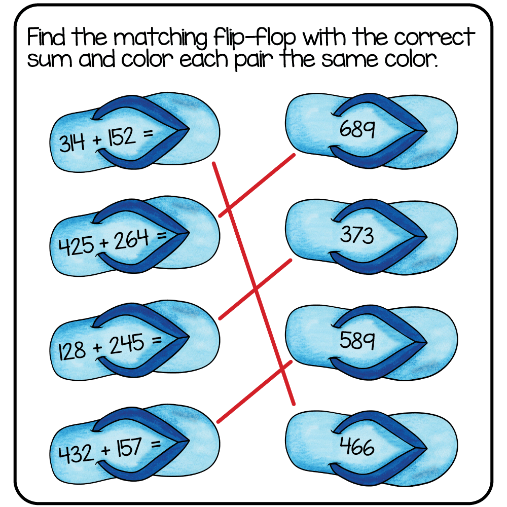 Answer key for the free printable 3rd grade summer math worksheet matching addition equations to their correct sums.