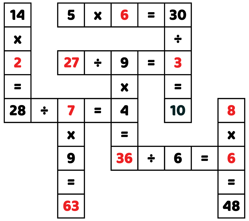 Answer key for the free printable 3rd grade summer math worksheet showing the completed arithmetic puzzle.