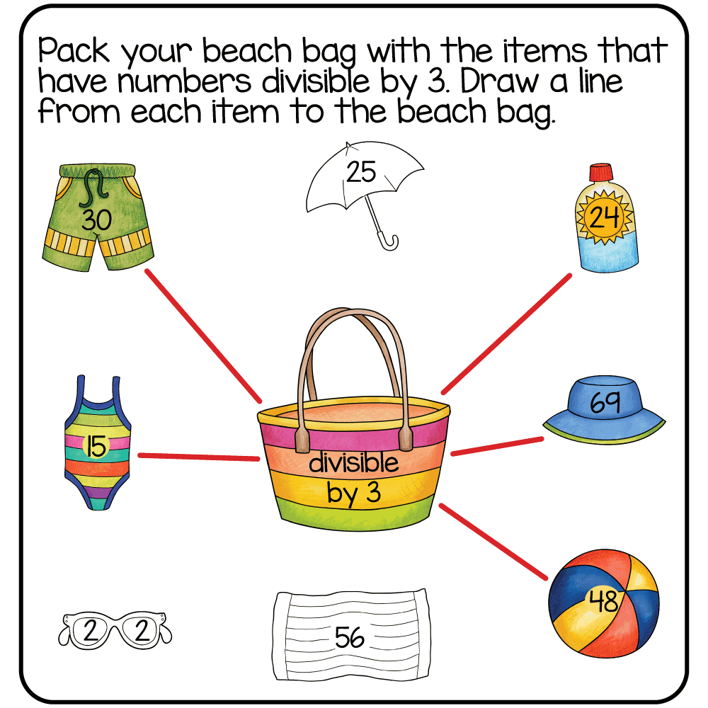 Answer key for the free printable 3rd grade summer math worksheet showing which beach items have numbers divisible by 3.
