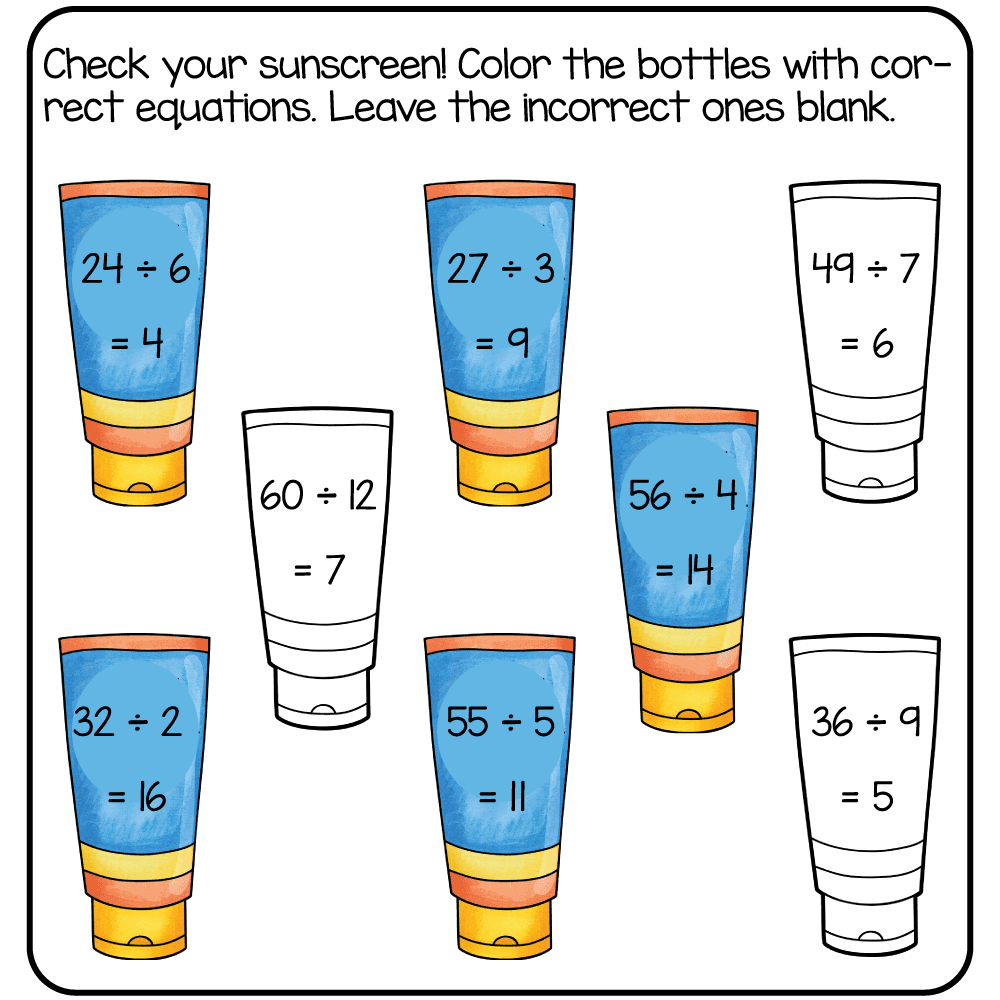 Answer key for the free printable 3rd grade summer math worksheet identifying the correct and incorrect division equations.
