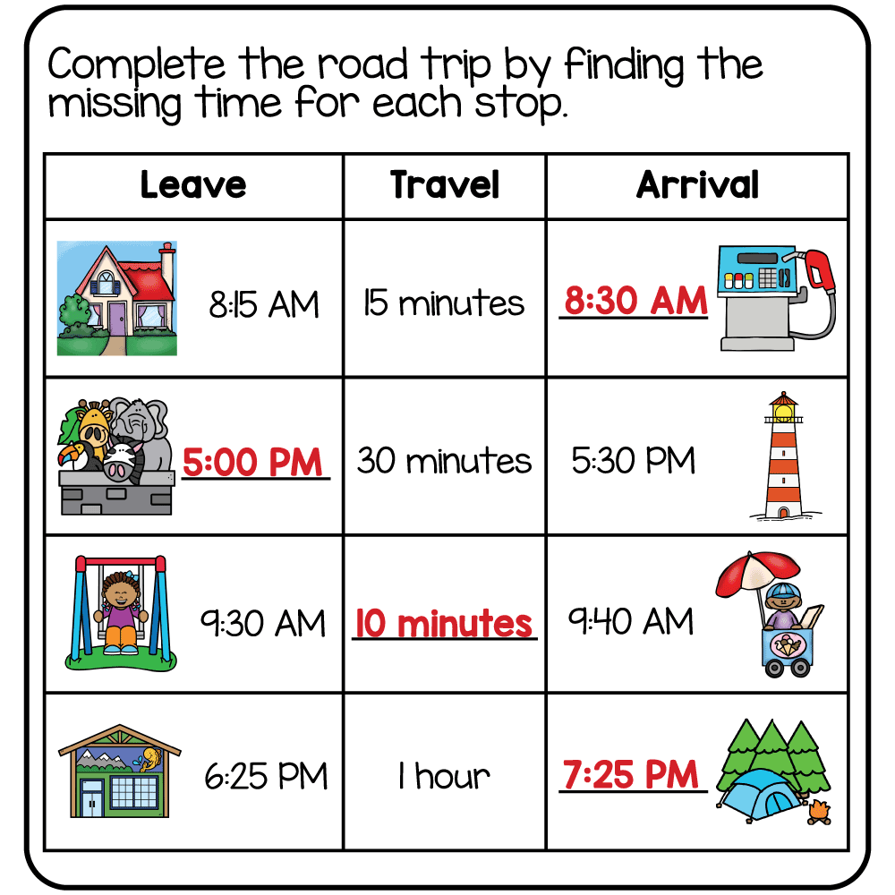 Answer key for the free printable 3rd grade summer math worksheet solving elapsed time problems.