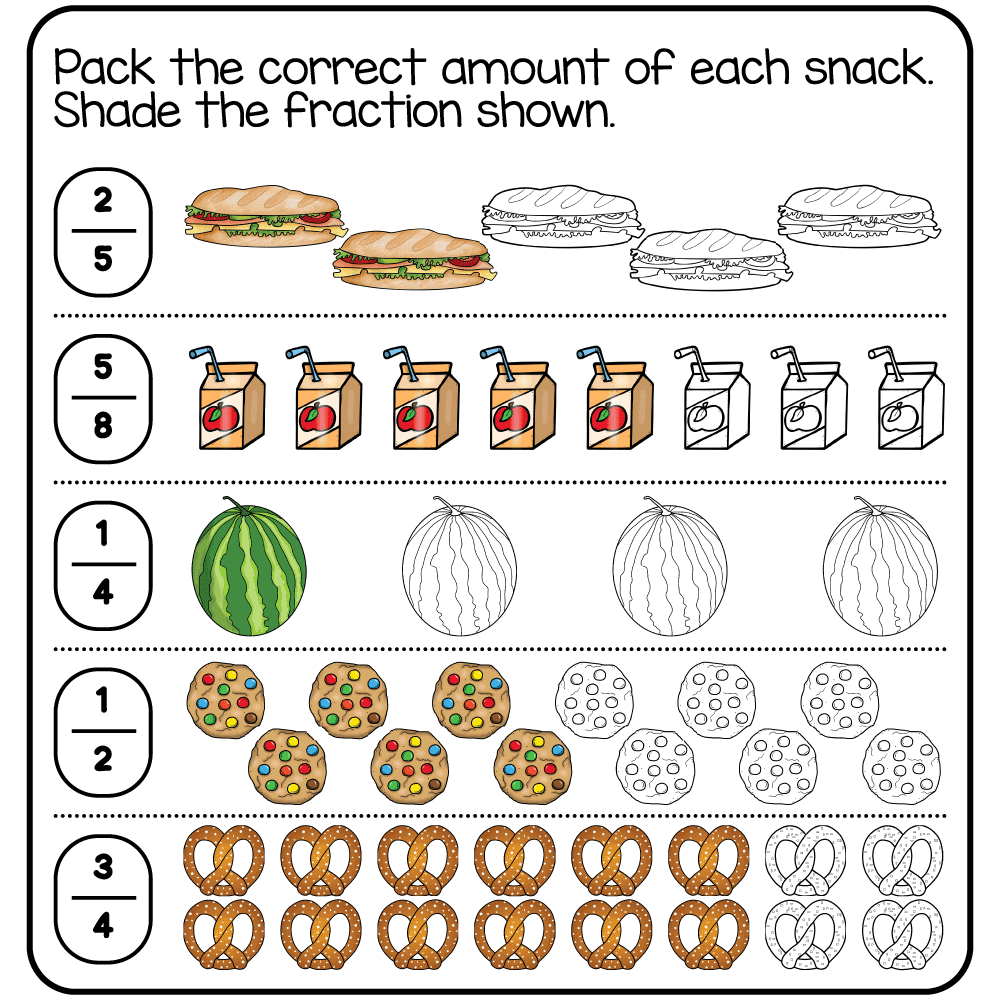 Answer key for the free printable 3rd grade summer math worksheet showing the correct fractions to shade.