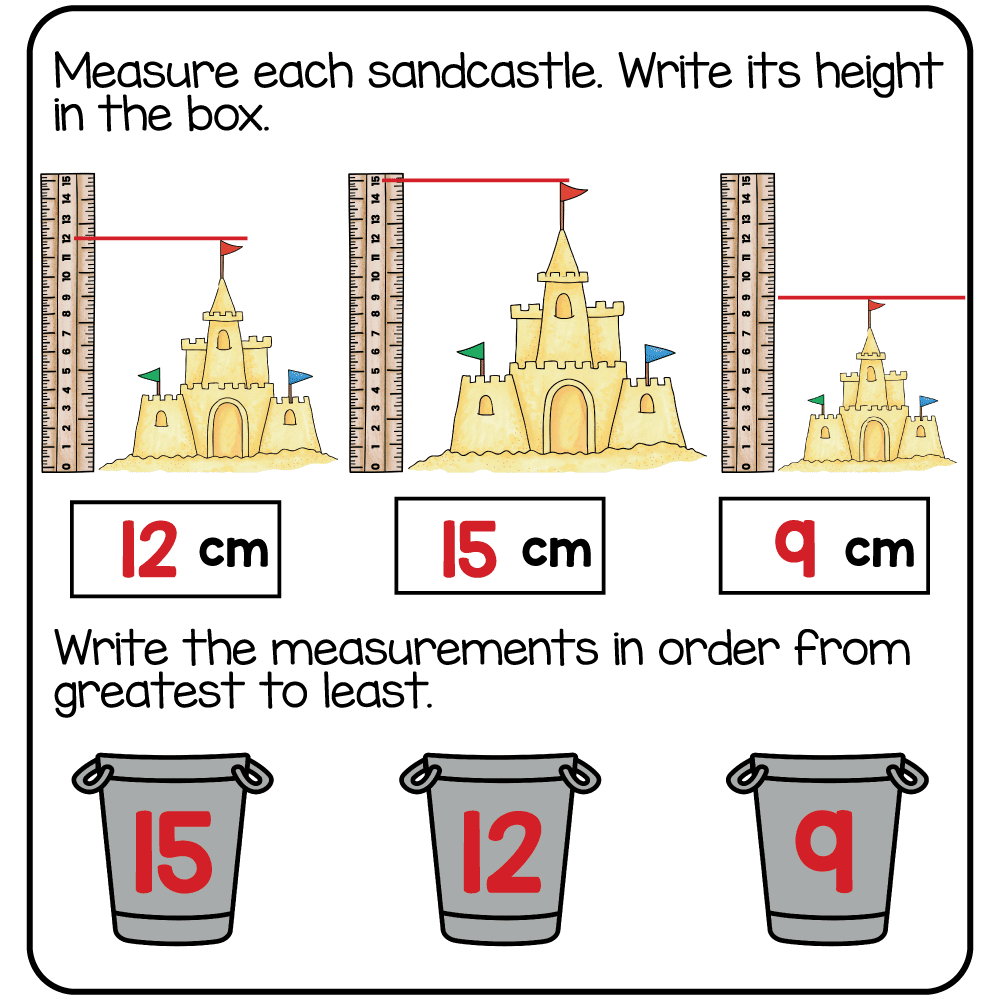 Answer key for the free printable 3rd grade summer math worksheet measuring sandcastles and ordering lengths.