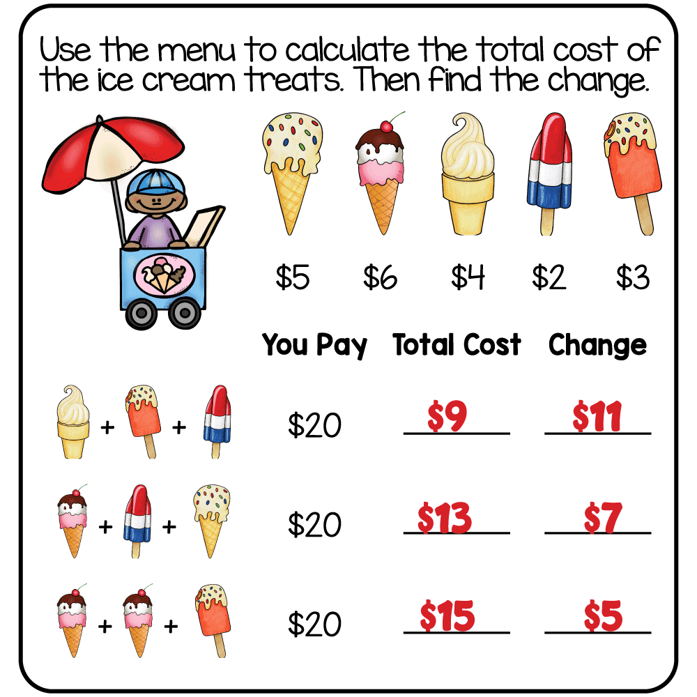 Answer key for the free printable 3rd grade summer math worksheet calculating total cost and change.